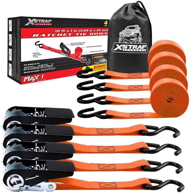 Main image of 4-PK Ratchet Tie Down Straps, 1" x 10ft Cargo Strap, Orange 900 Lbs Break Strength Securing Straps with S-Hook for UTV, ATV, Pickup,Truck, Moving Appliances, Lawn Equipment