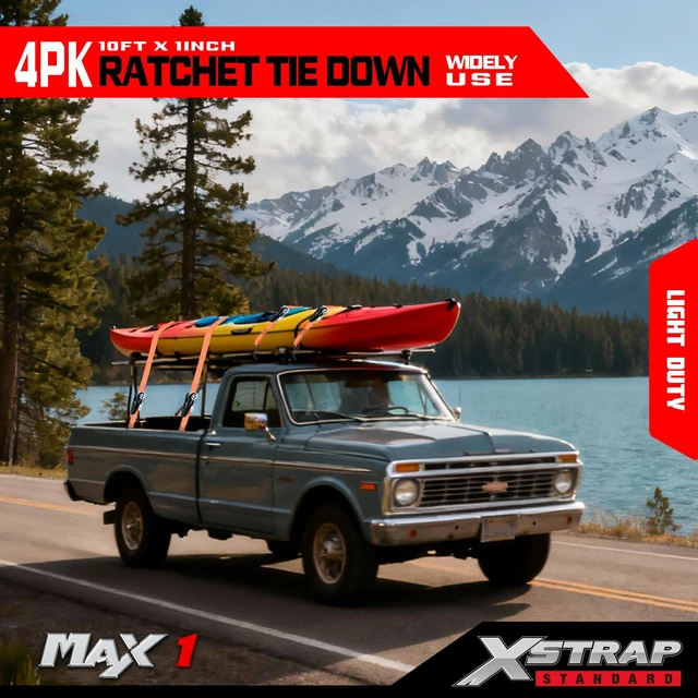 Alt view image 2 of 7 - 4-PK Ratchet Tie Down Straps, 1" x 10ft Cargo Strap, Orange 900 Lbs Break Strength Securing Straps with S-Hook for UTV, ATV, Pickup,Truck, Moving Appliances, Lawn Equipment