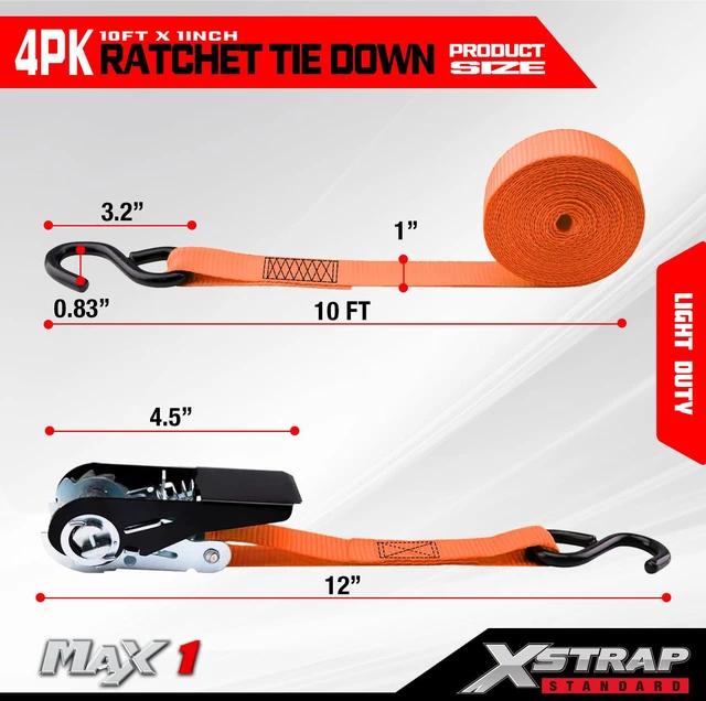 Alt view image 3 of 7 - 4-PK Ratchet Tie Down Straps, 1" x 10ft Cargo Strap, Orange 900 Lbs Break Strength Securing Straps with S-Hook for UTV, ATV, Pickup,Truck, Moving Appliances, Lawn Equipment