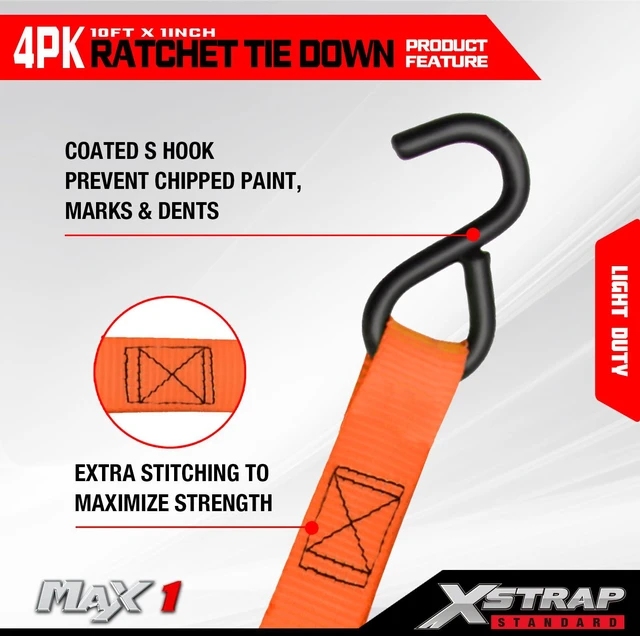 Alt view image 5 of 7 - 4-PK Ratchet Tie Down Straps, 1" x 10ft Cargo Strap, Orange 900 Lbs Break Strength Securing Straps with S-Hook for UTV, ATV, Pickup,Truck, Moving Appliances, Lawn Equipment