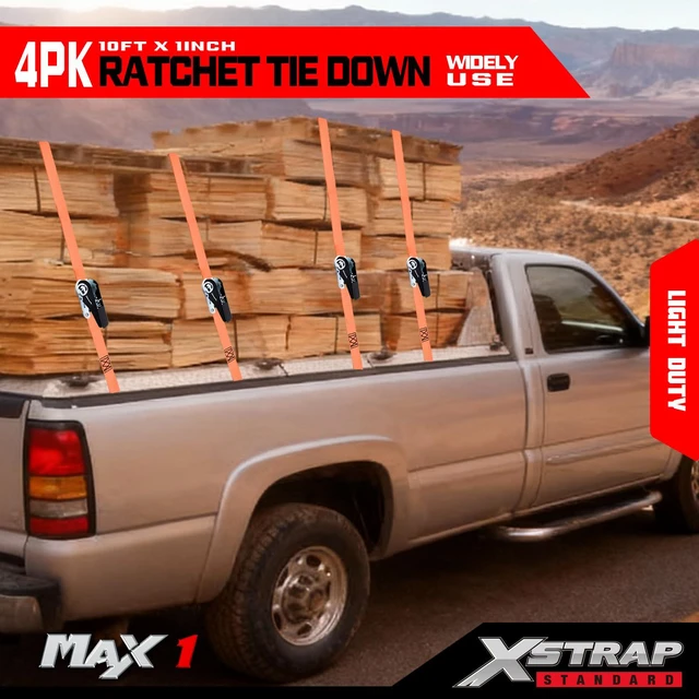 Alt view image 6 of 7 - 4-PK Ratchet Tie Down Straps, 1" x 10ft Cargo Strap, Orange 900 Lbs Break Strength Securing Straps with S-Hook for UTV, ATV, Pickup,Truck, Moving Appliances, Lawn Equipment