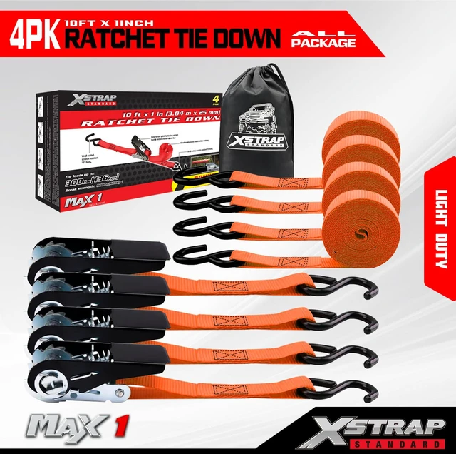 Alt view image 7 of 7 - 4-PK Ratchet Tie Down Straps, 1" x 10ft Cargo Strap, Orange 900 Lbs Break Strength Securing Straps with S-Hook for UTV, ATV, Pickup,Truck, Moving Appliances, Lawn Equipment