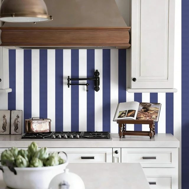 Alt view image 2 of 7 - Blue Striped Wallpaper Peel and Stick Wallpaper 17.7x196.8 Blue and White Contact Paper Stripe Wall Paper Waterproof Removable Self Adhesive Decorative for Accent Walls Cabinets Vinyl