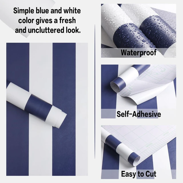 Alt view image 5 of 7 - Blue Striped Wallpaper Peel and Stick Wallpaper 17.7x196.8 Blue and White Contact Paper Stripe Wall Paper Waterproof Removable Self Adhesive Decorative for Accent Walls Cabinets Vinyl