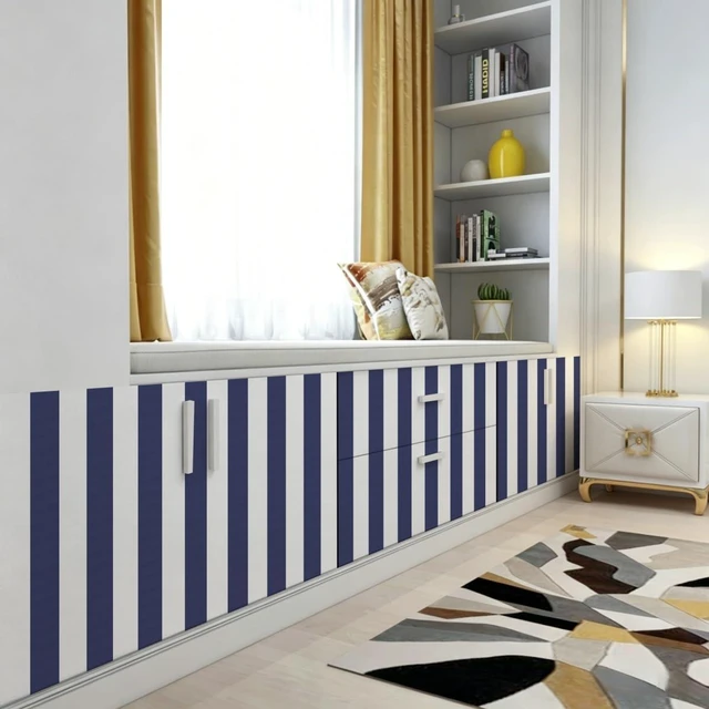 Alt view image 6 of 7 - Blue Striped Wallpaper Peel and Stick Wallpaper 17.7x196.8 Blue and White Contact Paper Stripe Wall Paper Waterproof Removable Self Adhesive Decorative for Accent Walls Cabinets Vinyl