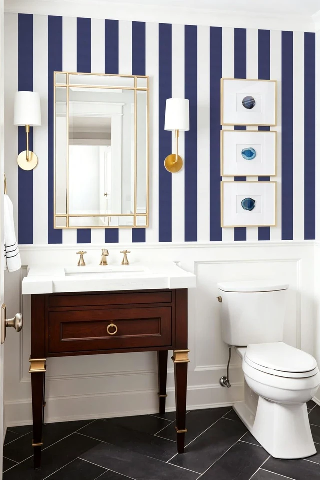 Alt view image 7 of 7 - Blue Striped Wallpaper Peel and Stick Wallpaper 17.7x196.8 Blue and White Contact Paper Stripe Wall Paper Waterproof Removable Self Adhesive Decorative for Accent Walls Cabinets Vinyl