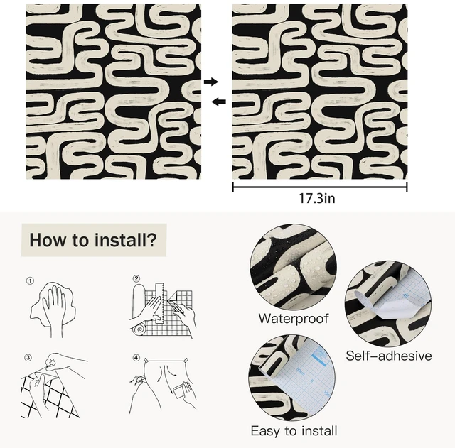 Alt view image 3 of 7 - Black and Cream White Peel and Stick Wallpaper Modern Geometric Self-Adhesive Removable Contact Paper Thicken Waterproof Easy to Clean Decorative Wall Paper for Bedroom Bathroom 17.3in x 394in