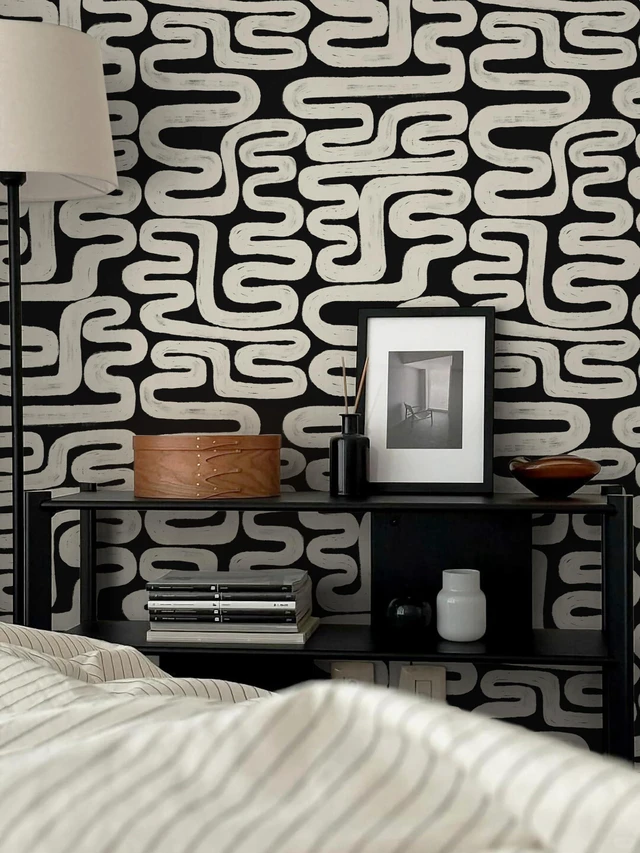 Alt view image 2 of 7 - Black and Cream White Peel and Stick Wallpaper Modern Geometric Self-Adhesive Removable Contact Paper Thicken Waterproof Easy to Clean Decorative Wall Paper for Bedroom Bathroom 17.3in x 394in