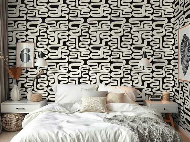 Alt view image 4 of 7 - Black and Cream White Peel and Stick Wallpaper Modern Geometric Self-Adhesive Removable Contact Paper Thicken Waterproof Easy to Clean Decorative Wall Paper for Bedroom Bathroom 17.3in x 394in