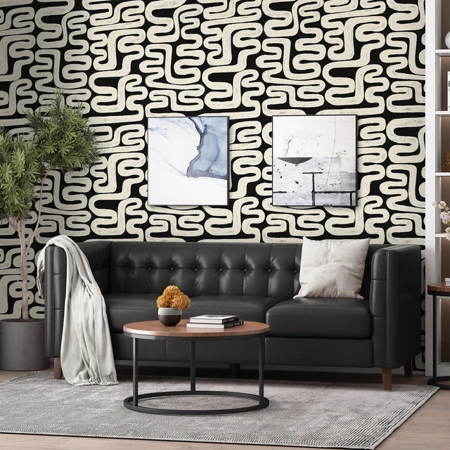 Alt view image 5 of 7 - Black and Cream White Peel and Stick Wallpaper Modern Geometric Self-Adhesive Removable Contact Paper Thicken Waterproof Easy to Clean Decorative Wall Paper for Bedroom Bathroom 17.3in x 394in