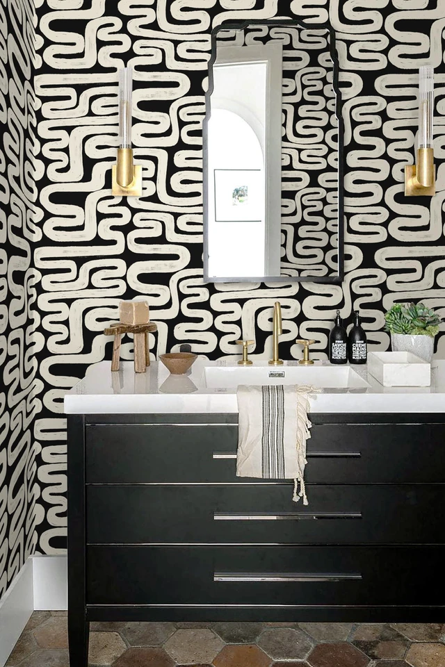 Alt view image 6 of 7 - Black and Cream White Peel and Stick Wallpaper Modern Geometric Self-Adhesive Removable Contact Paper Thicken Waterproof Easy to Clean Decorative Wall Paper for Bedroom Bathroom 17.3in x 394in