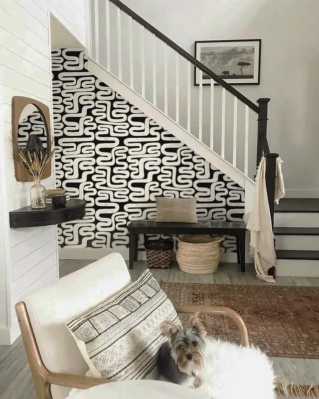 Alt view image 7 of 7 - Black and Cream White Peel and Stick Wallpaper Modern Geometric Self-Adhesive Removable Contact Paper Thicken Waterproof Easy to Clean Decorative Wall Paper for Bedroom Bathroom 17.3in x 394in