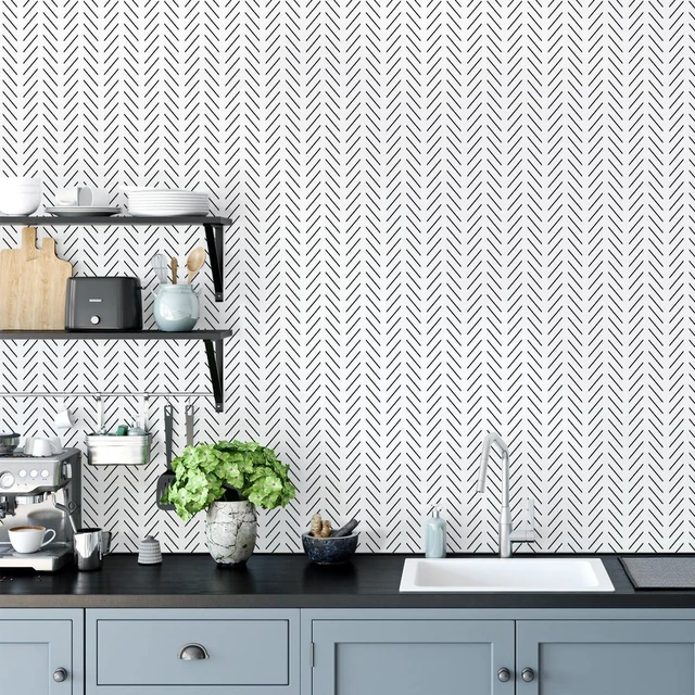 Alt view image 3 of 7 - Black and White Peel and Stick Wallpaper Herringbone Contact Paper 17.7in x 393.7in Black Geometric Removable Wallpaper Modern DIY Self Adhesive Wallpaper for Livingroom Bathroom Decor