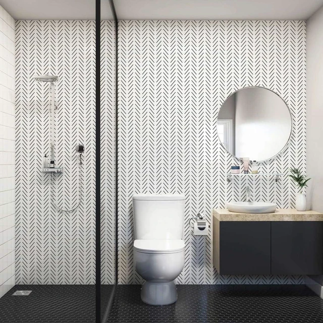 Alt view image 4 of 7 - Black and White Peel and Stick Wallpaper Herringbone Contact Paper 17.7in x 393.7in Black Geometric Removable Wallpaper Modern DIY Self Adhesive Wallpaper for Livingroom Bathroom Decor