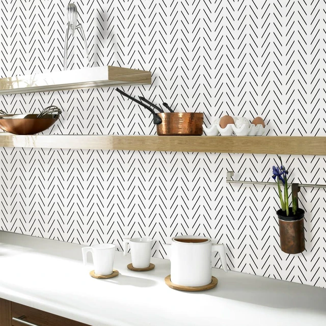 Alt view image 5 of 7 - Black and White Peel and Stick Wallpaper Herringbone Contact Paper 17.7in x 393.7in Black Geometric Removable Wallpaper Modern DIY Self Adhesive Wallpaper for Livingroom Bathroom Decor