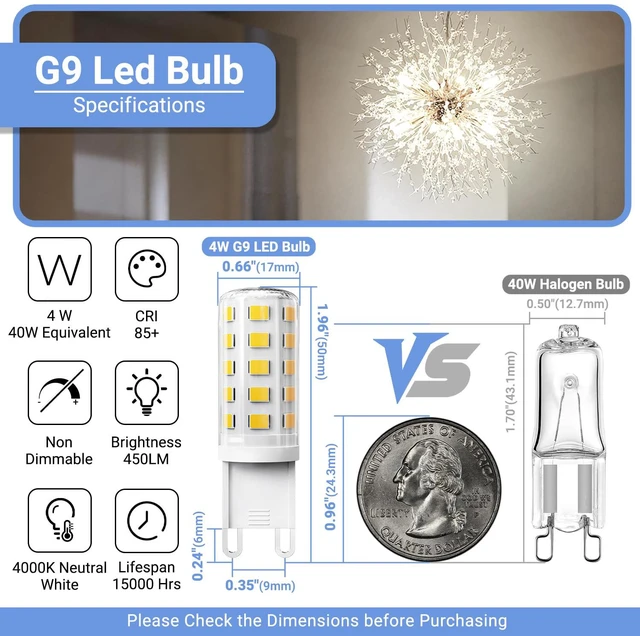 Alt view image 2 of 7 - G9 LED Bulb 4W, 4000K Neutral White 6 Pack, 40 Watt Eq, G9 Base,120V T4 G9 Halogen Replacement, G 9 Bi-pin Base Light Bulbs for Chandelier, 450 LM 360 Beam Angle for Home Lighting, Non-dimmable