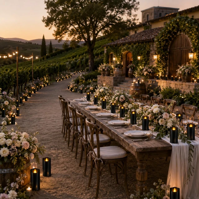 Alt view image 2 of 7 - Flameless Candles 3"D X 6"H Set of 12 Outdoor Indoor Ivory Pillars Battery Operated Flickering Candles Include 8-Key Remote Timer Function, Black Waterproof Candles for Wedding, Aniversary Decor