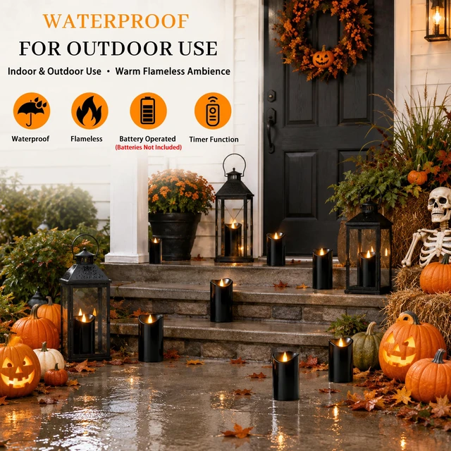 Alt view image 3 of 7 - Flameless Candles 3"D X 6"H Set of 12 Outdoor Indoor Ivory Pillars Battery Operated Flickering Candles Include 8-Key Remote Timer Function, Black Waterproof Candles for Wedding, Aniversary Decor