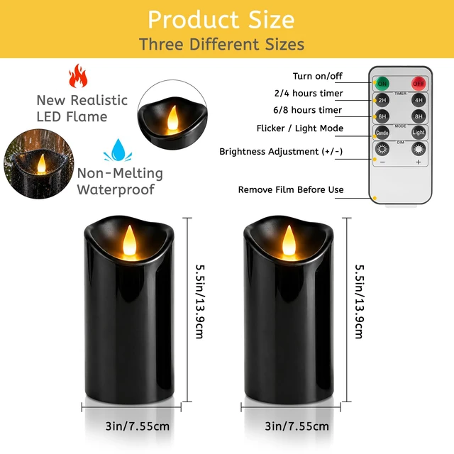 Alt view image 4 of 7 - Flameless Candles 3"D X 6"H Set of 12 Outdoor Indoor Ivory Pillars Battery Operated Flickering Candles Include 8-Key Remote Timer Function, Black Waterproof Candles for Wedding, Aniversary Decor