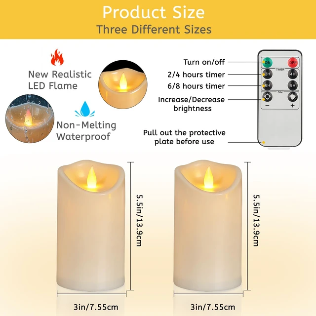 Alt view image 3 of 6 - Flameless Candles 3"D X 6"H Set of 12 Outdoor Indoor Ivory Pillars Battery Operated Flickering Candles Include 8-Key Remote Timer Function, Ivory Waterproof Candles for Wedding, Aniversary Decor