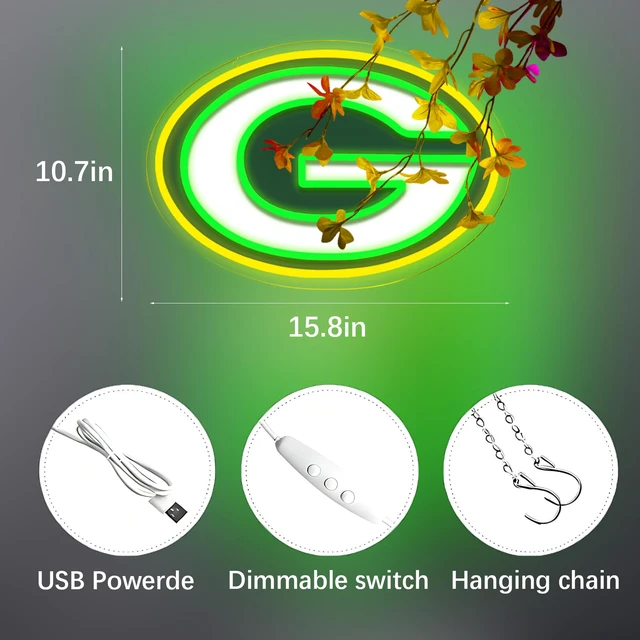 Alt view image 4 of 6 - Packers Football Neon Signs Led Sign for Wall Decor Rugby Team Light Up Sign Suitable for Man Cave Office Bar Pub Wall Art Gifts for Teen Boys
