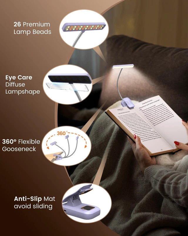 Alt view image 6 of 7 - 26 LED Reading Lights for Books in Bed, Ideal Gifts for Reader Rechargeable Book Light, Eye Caring 5 Amber Colors Stepless Dimming, Travel Lightweight Clip-on, Book Lovers Men Women Kids