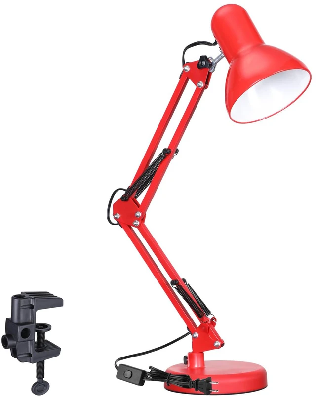 Main image of Metal Desk Lamp, Adjustable Swing Arm, E26, Red Architect Gooseneck Multi-Joint Clip Table Lamp with Plastic Clamp, for Home Office, Work, Study, Reading, Bulbs not Included