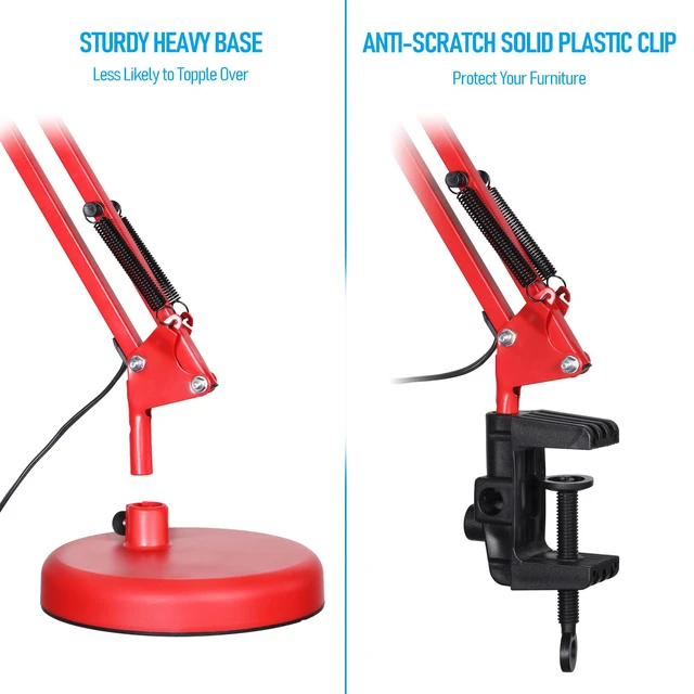 Alt view image 2 of 7 - Metal Desk Lamp, Adjustable Swing Arm, E26, Red Architect Gooseneck Multi-Joint Clip Table Lamp with Plastic Clamp, for Home Office, Work, Study, Reading, Bulbs not Included