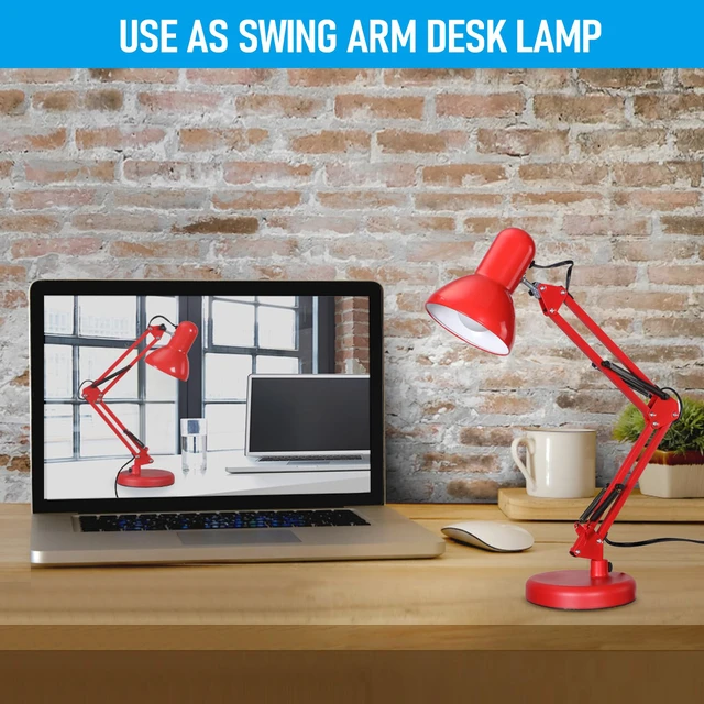 Alt view image 3 of 7 - Metal Desk Lamp, Adjustable Swing Arm, E26, Red Architect Gooseneck Multi-Joint Clip Table Lamp with Plastic Clamp, for Home Office, Work, Study, Reading, Bulbs not Included