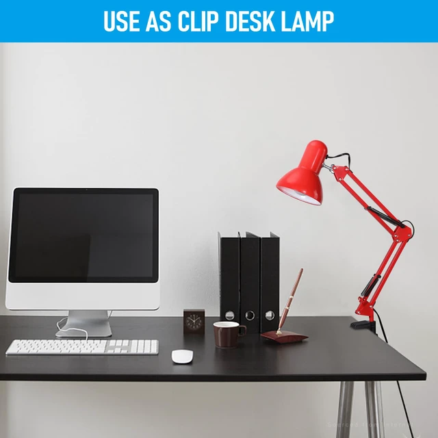 Alt view image 4 of 7 - Metal Desk Lamp, Adjustable Swing Arm, E26, Red Architect Gooseneck Multi-Joint Clip Table Lamp with Plastic Clamp, for Home Office, Work, Study, Reading, Bulbs not Included