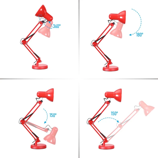 Alt view image 5 of 7 - Metal Desk Lamp, Adjustable Swing Arm, E26, Red Architect Gooseneck Multi-Joint Clip Table Lamp with Plastic Clamp, for Home Office, Work, Study, Reading, Bulbs not Included