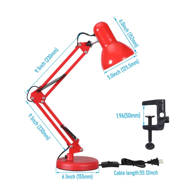 Alt view image 6 of 7 - Metal Desk Lamp, Adjustable Swing Arm, E26, Red Architect Gooseneck Multi-Joint Clip Table Lamp with Plastic Clamp, for Home Office, Work, Study, Reading, Bulbs not Included