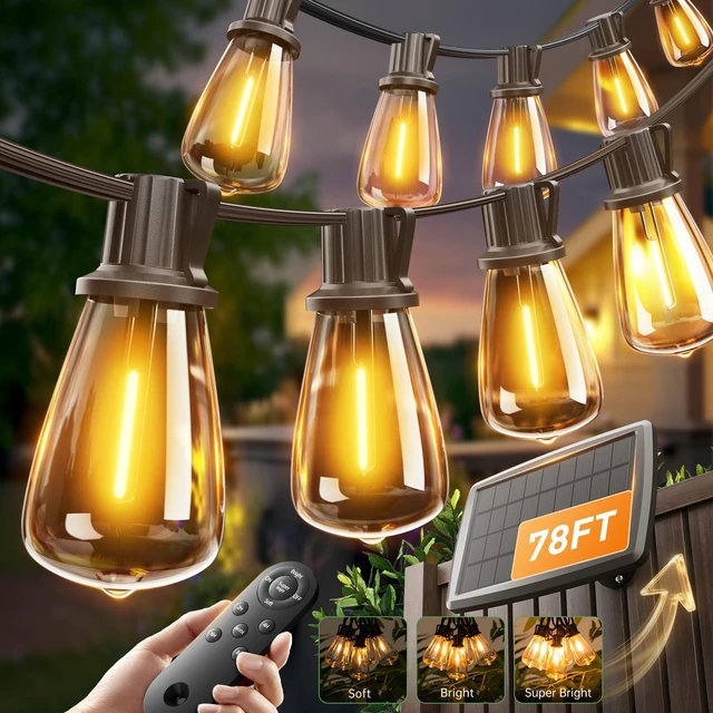 Main image of 78(72+6) FT Solar String Lights Waterproof with Remote USB, 24+2 LED Shatterproof Bulbs Patio Lights, Dimmable & Timable 3 Lighting Modes Solar Light for Backyard Camping Garden Decor