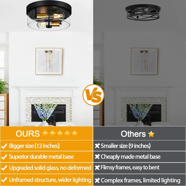 Alt view image 2 of 7 - Flush Mount Ceiling Light Fixtures, 2-Light Black and Gold Ceiling Mount for Farmhouse with Seeded Glass Lampshade, Industrial Flush Mount Light Fixture for Hallway, Kitchen, Entryway and Foyer