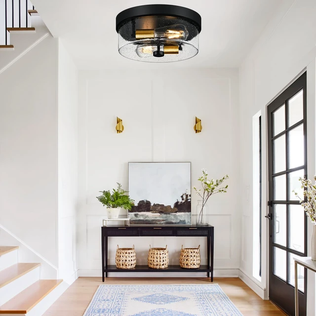 Alt view image 3 of 7 - Flush Mount Ceiling Light Fixtures, 2-Light Black and Gold Ceiling Mount for Farmhouse with Seeded Glass Lampshade, Industrial Flush Mount Light Fixture for Hallway, Kitchen, Entryway and Foyer