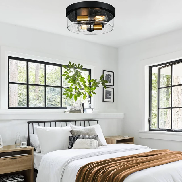 Alt view image 4 of 7 - Flush Mount Ceiling Light Fixtures, 2-Light Black and Gold Ceiling Mount for Farmhouse with Seeded Glass Lampshade, Industrial Flush Mount Light Fixture for Hallway, Kitchen, Entryway and Foyer