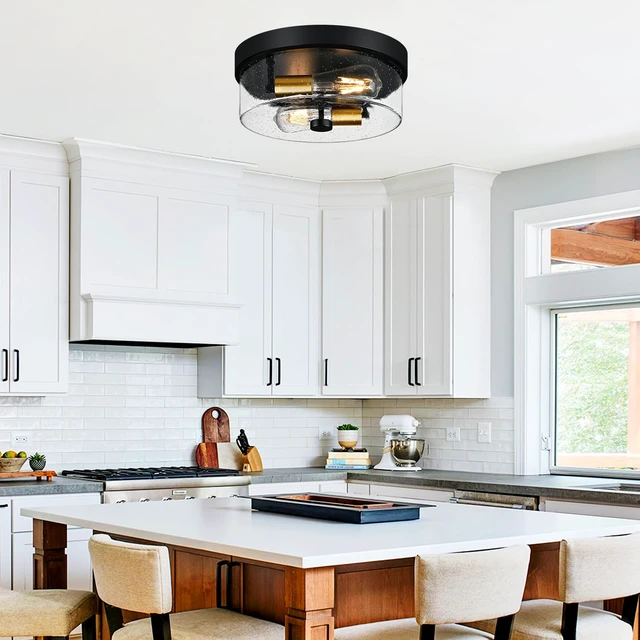 Alt view image 5 of 7 - Flush Mount Ceiling Light Fixtures, 2-Light Black and Gold Ceiling Mount for Farmhouse with Seeded Glass Lampshade, Industrial Flush Mount Light Fixture for Hallway, Kitchen, Entryway and Foyer