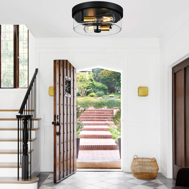 Alt view image 6 of 7 - Flush Mount Ceiling Light Fixtures, 2-Light Black and Gold Ceiling Mount for Farmhouse with Seeded Glass Lampshade, Industrial Flush Mount Light Fixture for Hallway, Kitchen, Entryway and Foyer