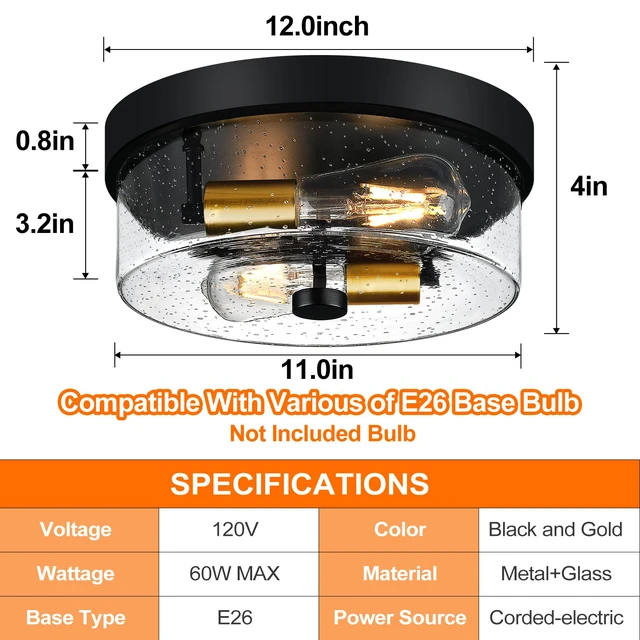 Alt view image 7 of 7 - Flush Mount Ceiling Light Fixtures, 2-Light Black and Gold Ceiling Mount for Farmhouse with Seeded Glass Lampshade, Industrial Flush Mount Light Fixture for Hallway, Kitchen, Entryway and Foyer