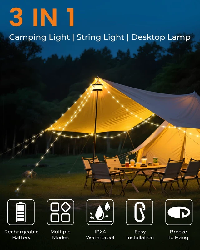 Alt view image 3 of 7 - 2-Pack Camping String Lights, Retractable 4 in 1 Camp Lights 32.8FT Rechargeable Fairy Lamp Outdoor Waterproof, RGB Portable Hanging Lantern for Outside Tent Patio Awning RV Essentials