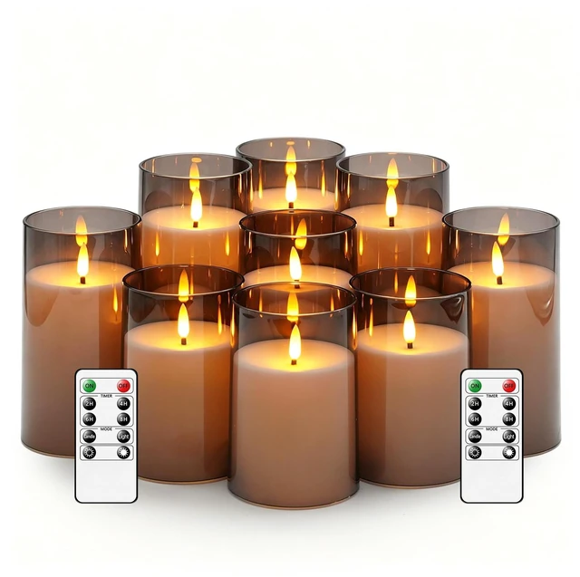 Main image of Flickering Flameless Candles Battery Operated with Remote and 2/4/6/8 H Timer Acrylic Led Pillar Candles Pack of 9 (D 3" xH 4" 5" 6") with Realistic 3D Wick Candles for Home Decor(Grey)