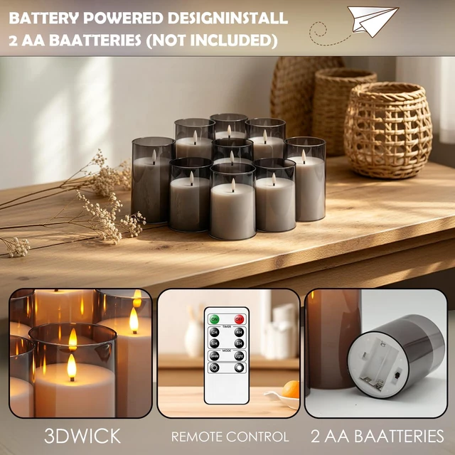 Alt view image 4 of 7 - Flickering Flameless Candles Battery Operated with Remote and 2/4/6/8 H Timer Acrylic Led Pillar Candles Pack of 9 (D 3" xH 4" 5" 6") with Realistic 3D Wick Candles for Home Decor(Grey)