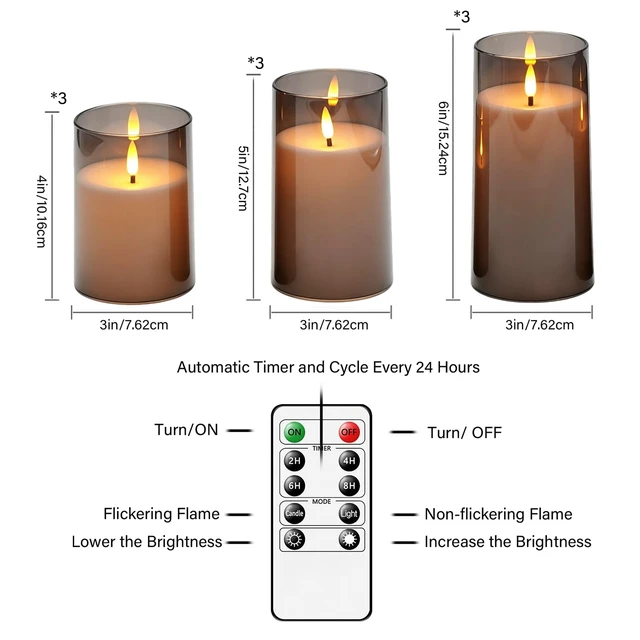 Alt view image 5 of 7 - Flickering Flameless Candles Battery Operated with Remote and 2/4/6/8 H Timer Acrylic Led Pillar Candles Pack of 9 (D 3" xH 4" 5" 6") with Realistic 3D Wick Candles for Home Decor(Grey)