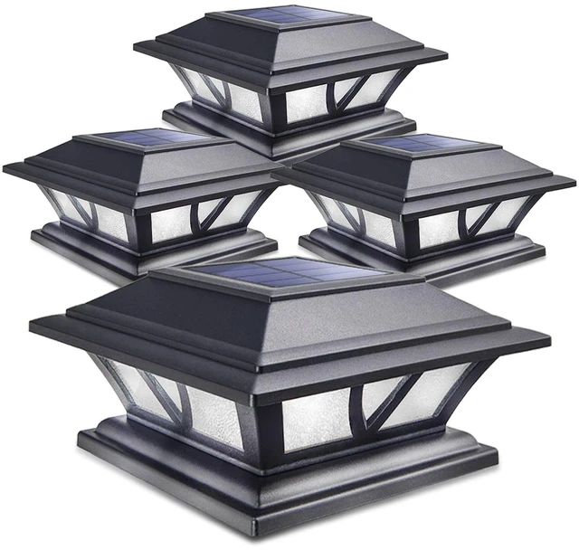 Main image of Solar Post Lights Outdoor 2 Modes LED, 4 Pack Black (Warm/White) Solar Post Cap Lights, Solar-Powered Waterproof Deck Fence Lights for 4x4 5x5 & 6x6 Wood or Vinyl Posts, Patio, Garden, Yard