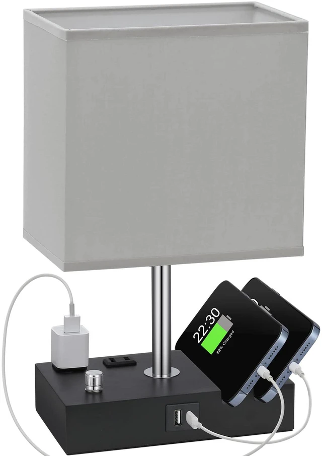 Main image of Grey Table Lamp for Bedroom - Stepless Dimmable, USB C+A, 2 AC Outlets Dimming By Rotary Knob, USB C+A Ports, 2 Phone Stands, LED Bulbs Included, Rectangle Misty Grey Lampshade, for Living Room