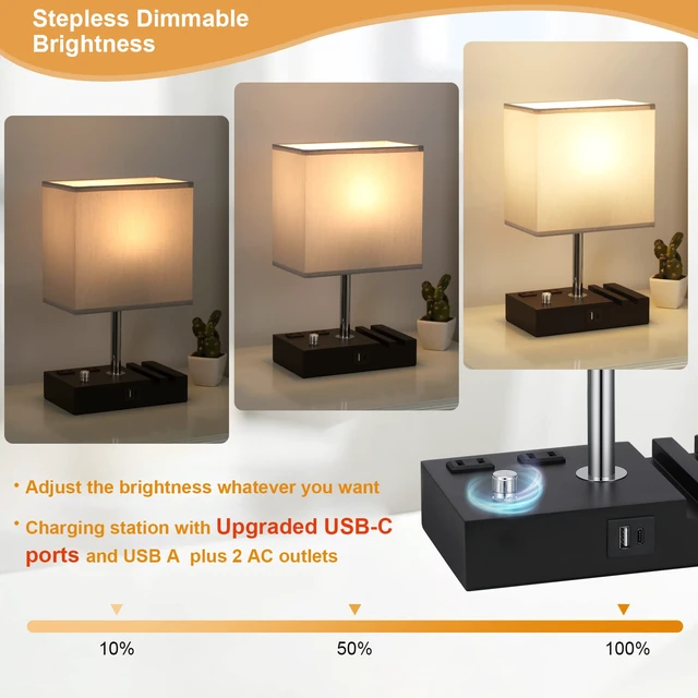 Alt view image 3 of 6 - Grey Table Lamp for Bedroom - Stepless Dimmable, USB C+A, 2 AC Outlets Dimming By Rotary Knob, USB C+A Ports, 2 Phone Stands, LED Bulbs Included, Rectangle Misty Grey Lampshade, for Living Room