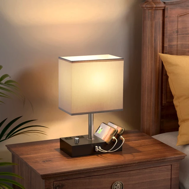 Alt view image 4 of 6 - Grey Table Lamp for Bedroom - Stepless Dimmable, USB C+A, 2 AC Outlets Dimming By Rotary Knob, USB C+A Ports, 2 Phone Stands, LED Bulbs Included, Rectangle Misty Grey Lampshade, for Living Room