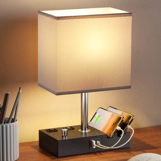 Alt view image 5 of 6 - Grey Table Lamp for Bedroom - Stepless Dimmable, USB C+A, 2 AC Outlets Dimming By Rotary Knob, USB C+A Ports, 2 Phone Stands, LED Bulbs Included, Rectangle Misty Grey Lampshade, for Living Room