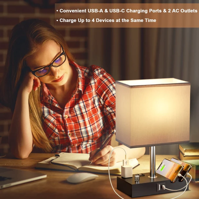 Alt view image 6 of 6 - Grey Table Lamp for Bedroom - Stepless Dimmable, USB C+A, 2 AC Outlets Dimming By Rotary Knob, USB C+A Ports, 2 Phone Stands, LED Bulbs Included, Rectangle Misty Grey Lampshade, for Living Room