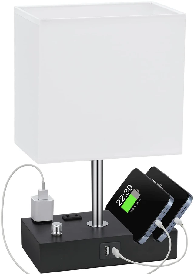 Main image of White Table Lamp for Bedroom - Stepless Dimmable, USB C+A, 2 AC Outlets Dimming By Rotary Knob, USB C+A Ports, 2 Phone Stands, LED Bulbs Included, Rectangle White Lampshade, for Living Room, Desk